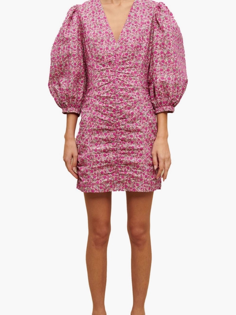 Maje Pink Floral V-Neck Puff-Sleeve Ruched Mini Dress
